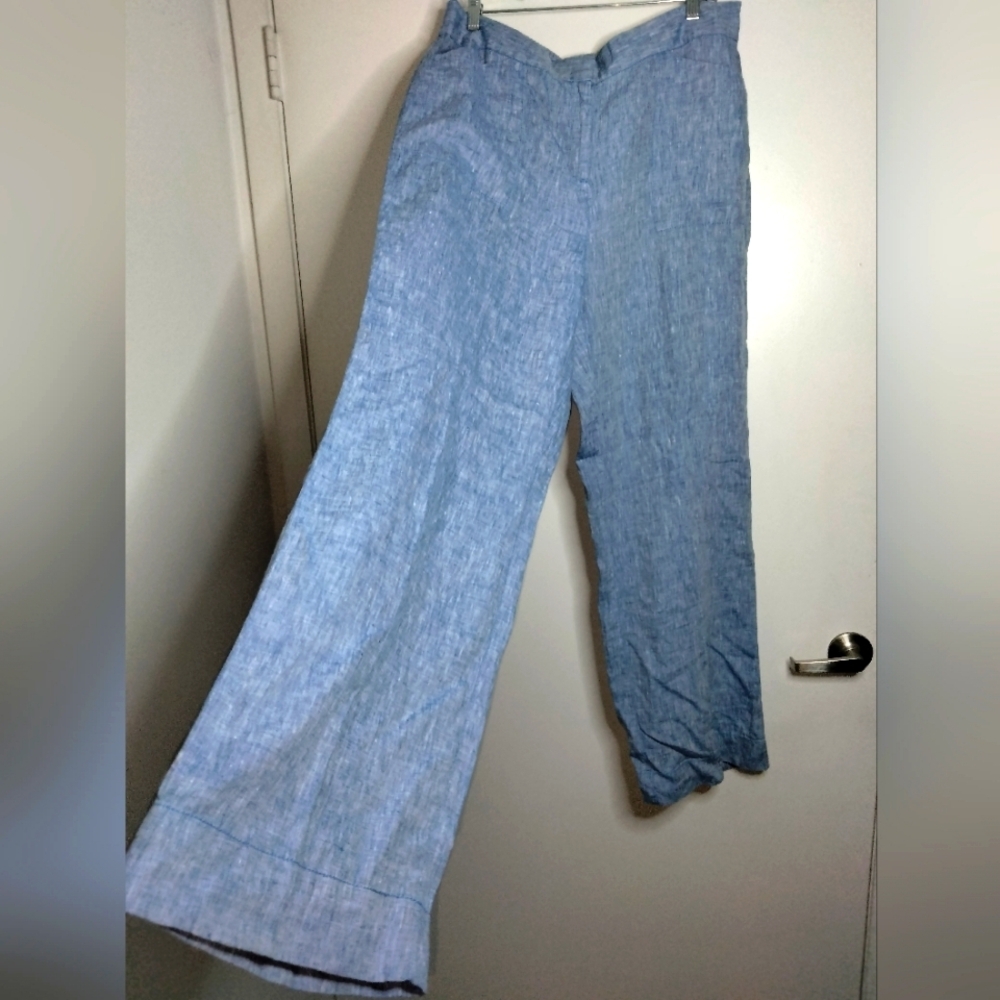 Chico's (Size 2/L/12) Light Blue 100% Linen Slip Pockets Zip Fly Wide-Leg Pants